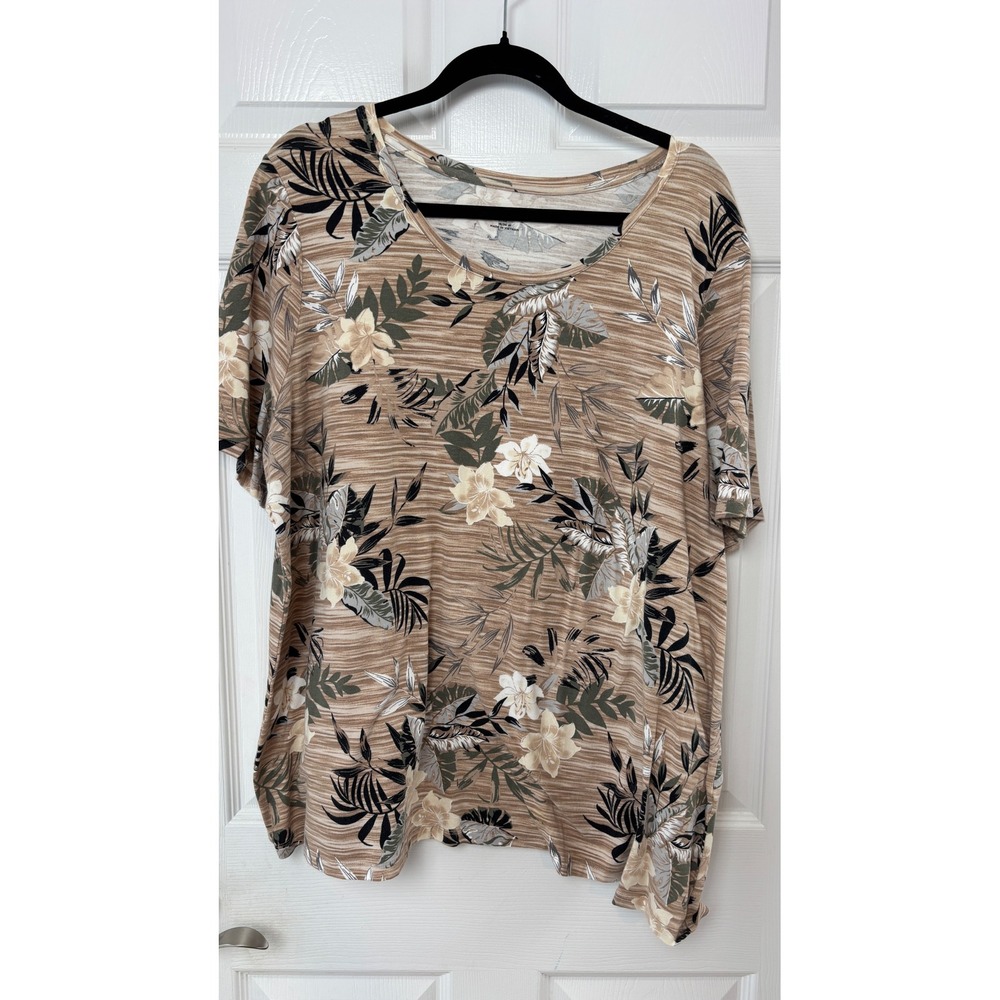 Catherines Womens 1X 18/20W Tropical Floral Space Dye Scoop Neck Top Tan Green